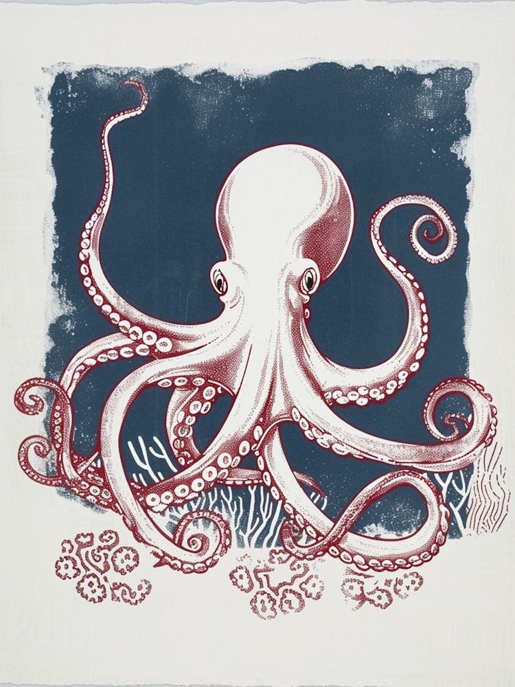 Retro Red Navy Octopus Linocut Style 6