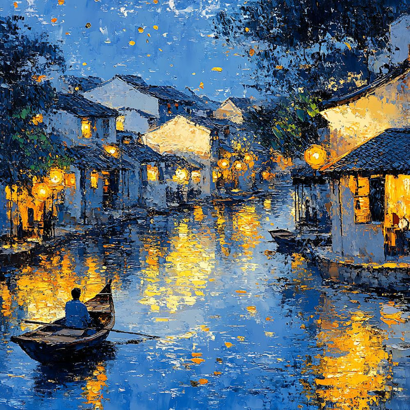 Peaceful Village Waterway Night Scene 12