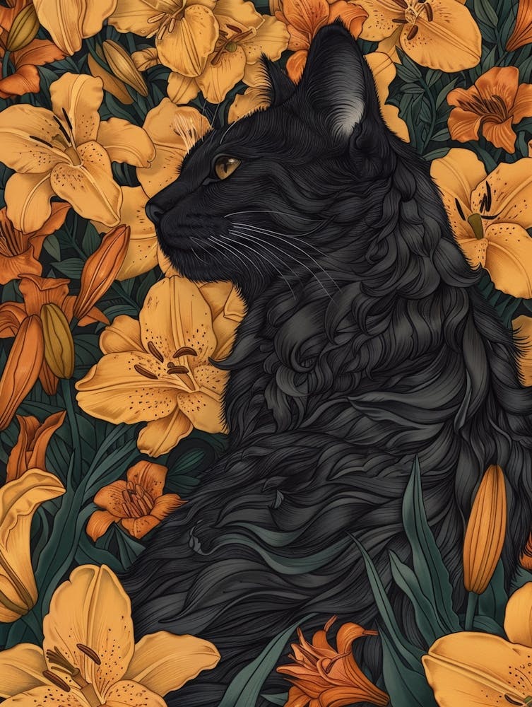 Black Cat In Lilies 2