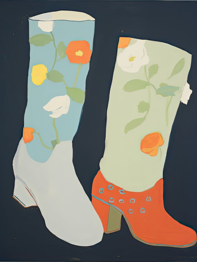 Painting Of Cowboy Boots With Flowers, Pop Art Style 8