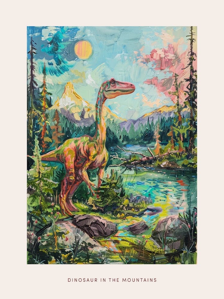 Dinosaur In The Mountains Landscape Painting 3 Poster