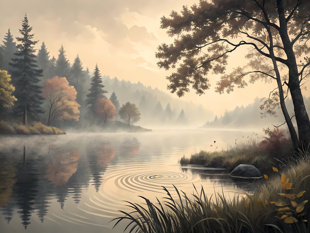 Retro Vintage Style A Misty Lake With Soft Rippli