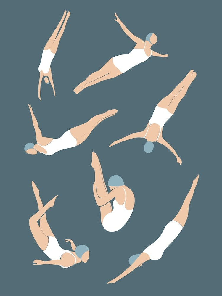 Art Deco style diving women in vintage swimsuits
