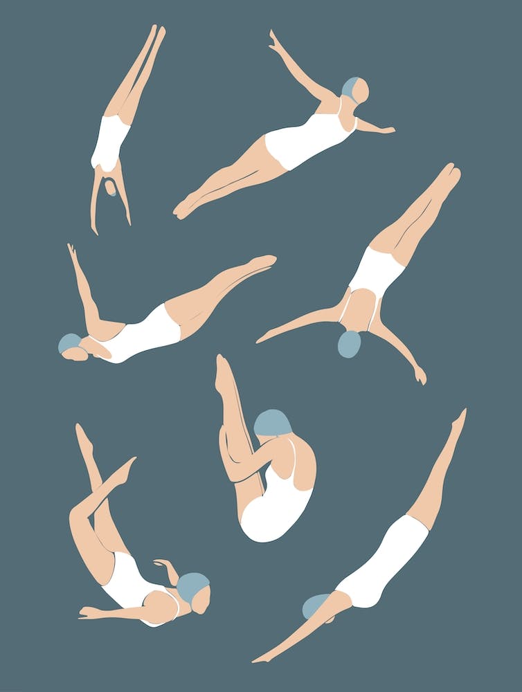 Art Deco style diving women in vintage swimsuits