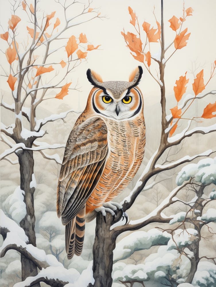 Winter Bird Painting Great Horned Owl 4