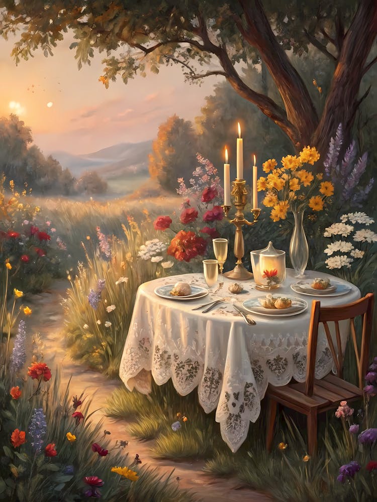 Romantic Table Setting with Wildflowers Oil Painting Style