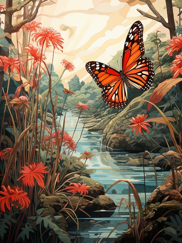 Butterfly By The River Japanese Style Painting 5
