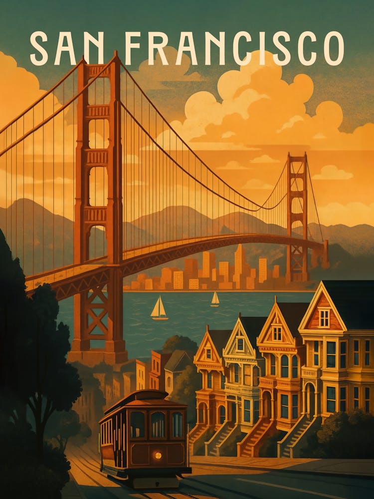 San Francisco USA Travel Poster – Golden Gate & Urban Coast: From cable cars to the Golden Gate Bridge, this San Francisco travel poster highlights California’s west coast charm. With ocean views, hills, and iconic architecture – a must-have for urban exp