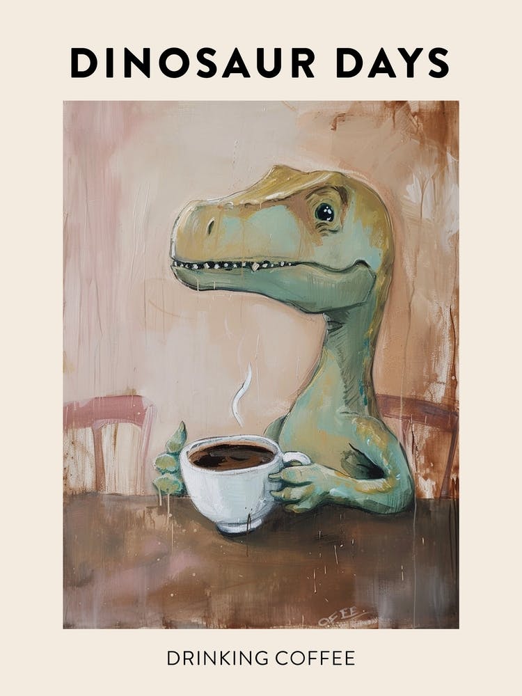 Drinking Coffee Dinosaur Poster
