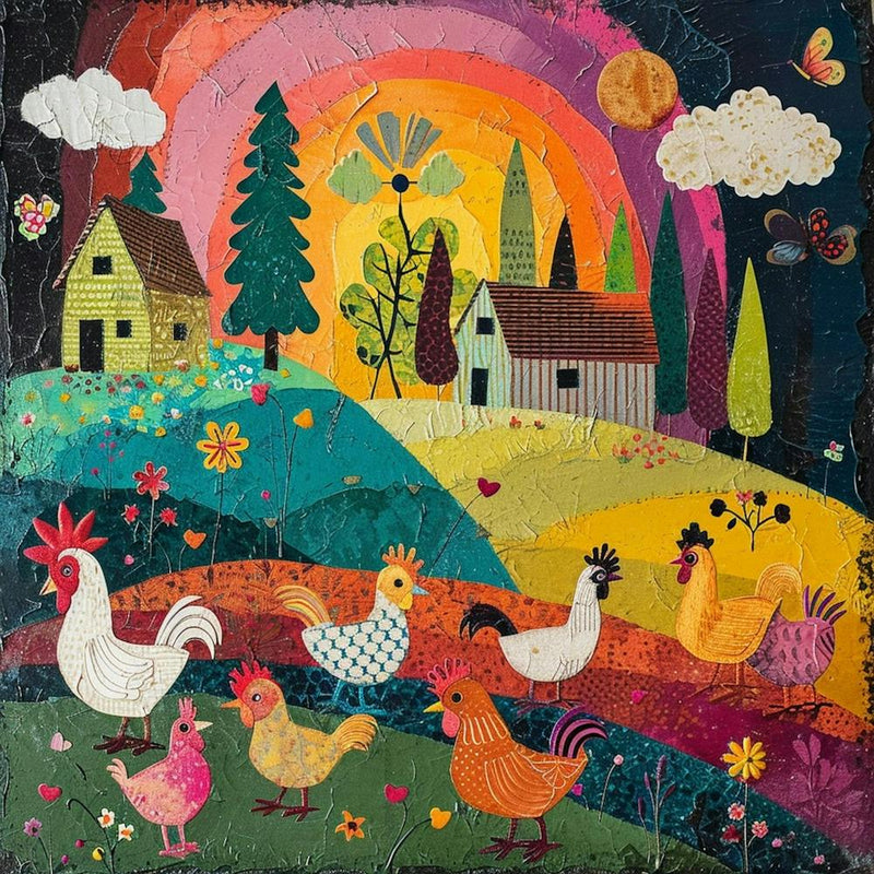 Kitsch Chickens On The Farm Mixed Media Painting