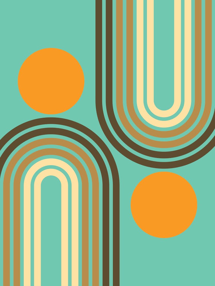 Mid Century Modern Geometric Rainbow And Sun Abstract A17 In Teal Brown Orange 01