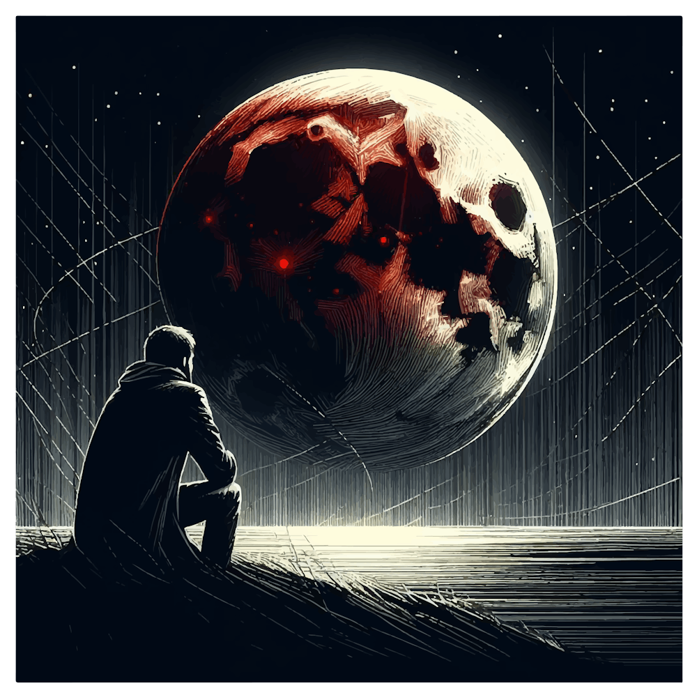 Man Looking At The Blood Moon: A Noir and Geometric Concept Art