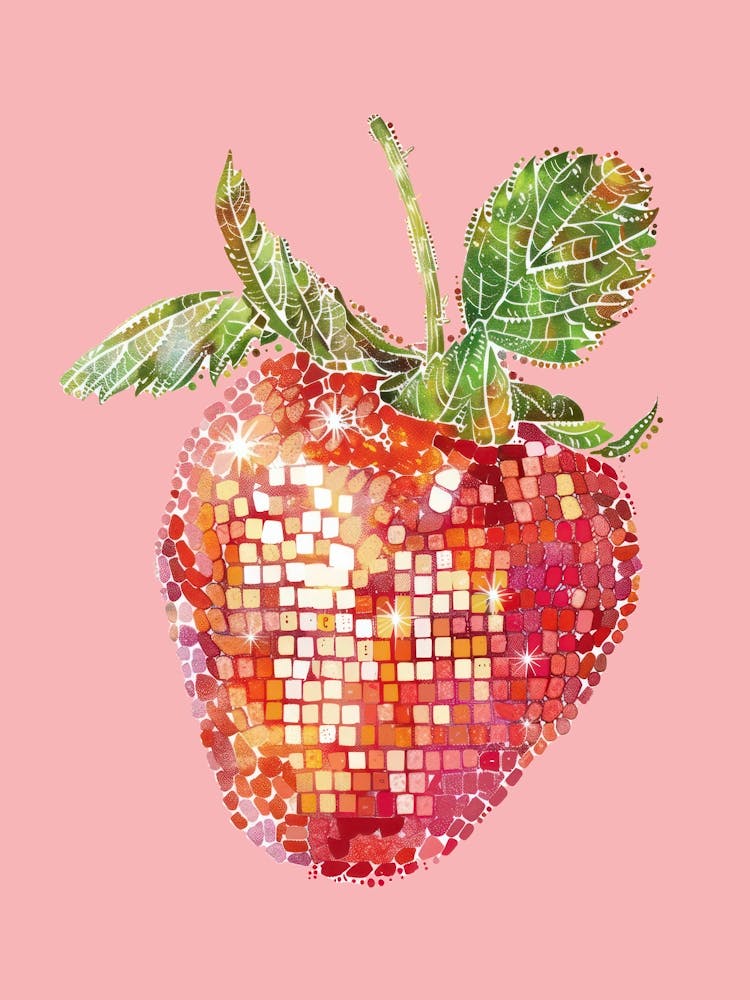 Disco Ball Strawberry Pink Art Disco Poster Trendy Aesthetic Art Food Kitchen