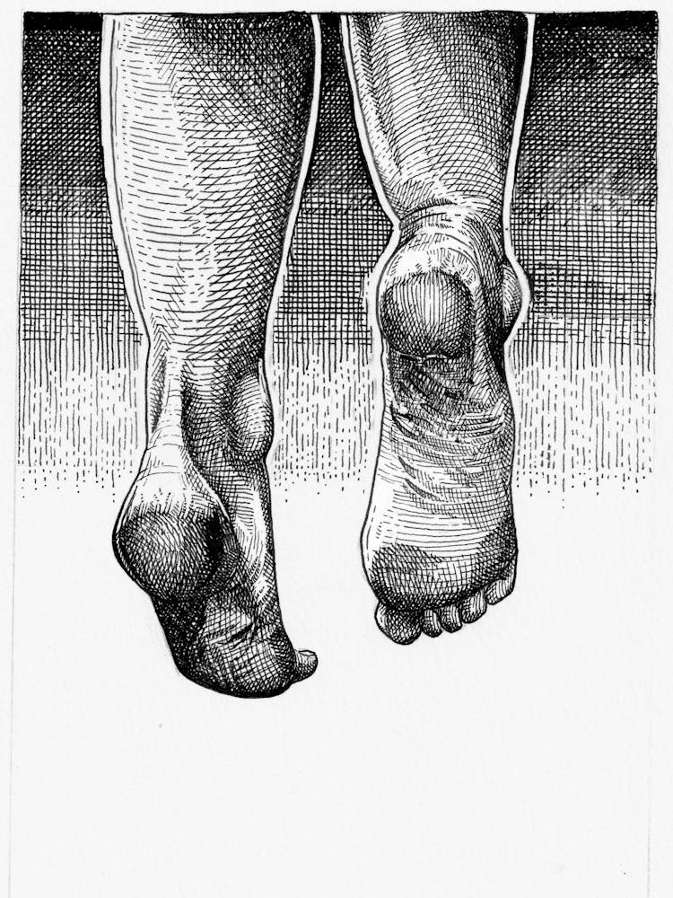 Jumping Feet Sketch in Black and White Ink