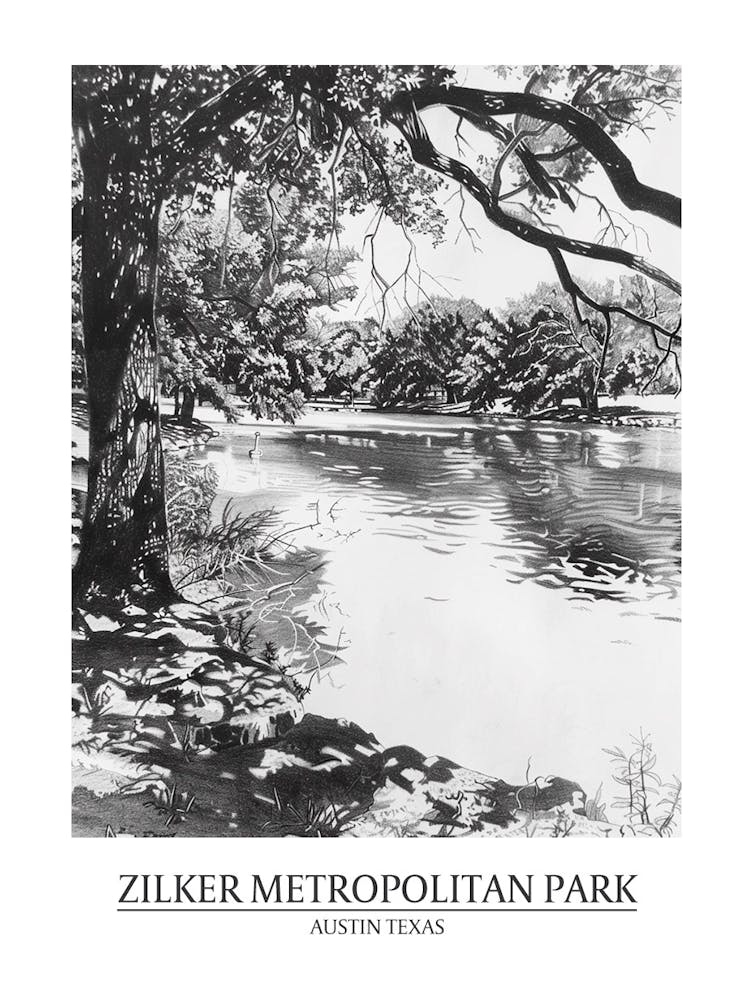 Zilker Metropolitan Park Austin Texas Dessin Noir et Blanc 1 Affiche