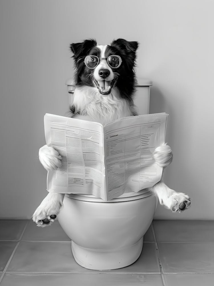Border Collie Reading Newspaper In Toilet Print, Black And White Art, Funny Dog Poster, Dog Sitting On Toilet, Dog Gift, Bathroom Wall Art