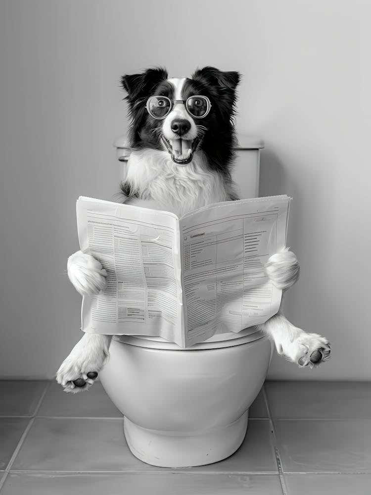 Border Collie Reading Newspaper In Toilet Print, Black And White Art, Funny Dog Poster, Dog Sitting On Toilet, Dog Gift, Bathroom Wall Art