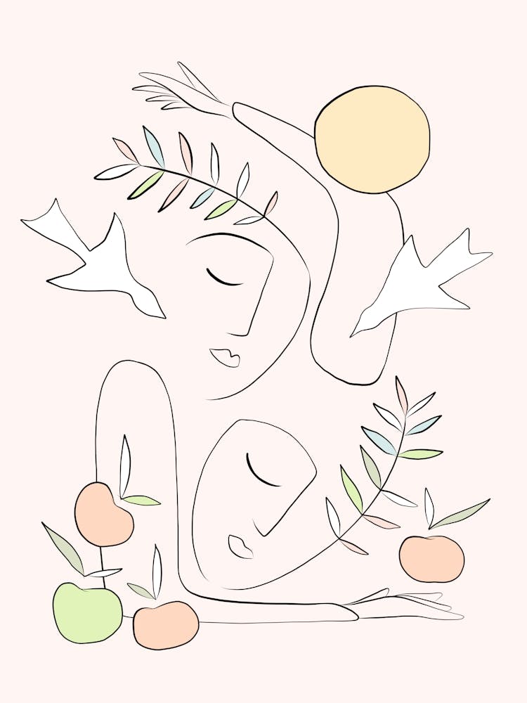 Serene Abstract Line-art Matisse Together Summer Love with Fruits and birds - pastel pink