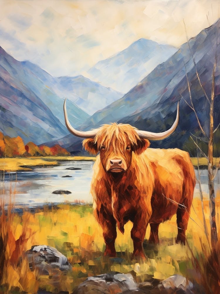 Peinture de vache des Highlands de style impressionniste près du loch