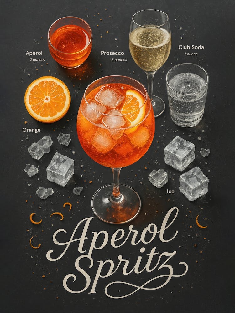 Aperol Spritz Poster – Orange Italian Aperitif Cocktail: Bright, fizzy, and elegant – the Aperol Spritz combines Aperol, prosecco, and orange in a refreshing Italian classic. This bar-ready poster with crisp typography is ideal for summer, aperitif lovers, and stylish kitchen walls.