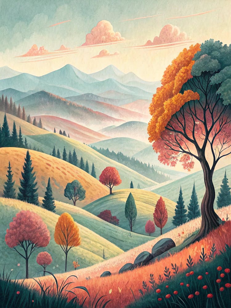 Oil Painting Style Layered Watercolor Hills And Tree