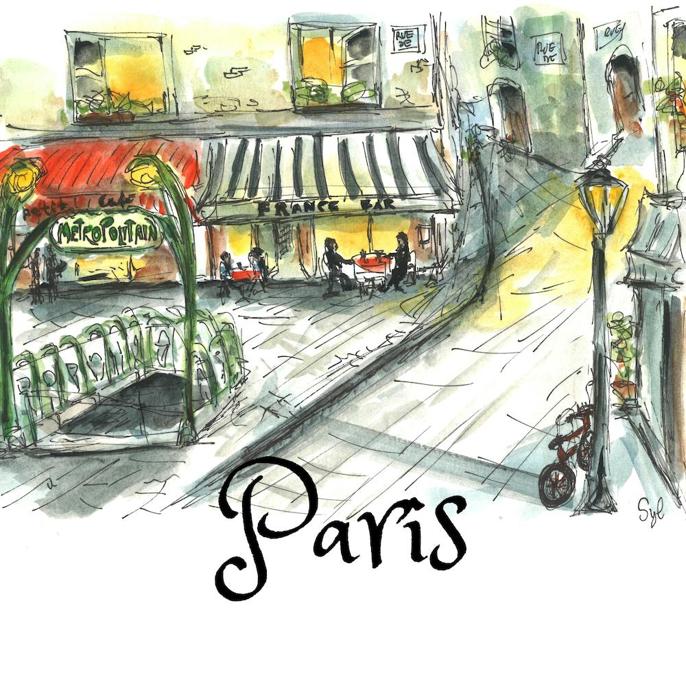 Paris Cafe France Watercolor Sketch