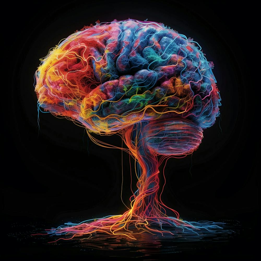 A Colorful Brain Made Of Neoncolored Wires And Lines, With An Empty Black Background