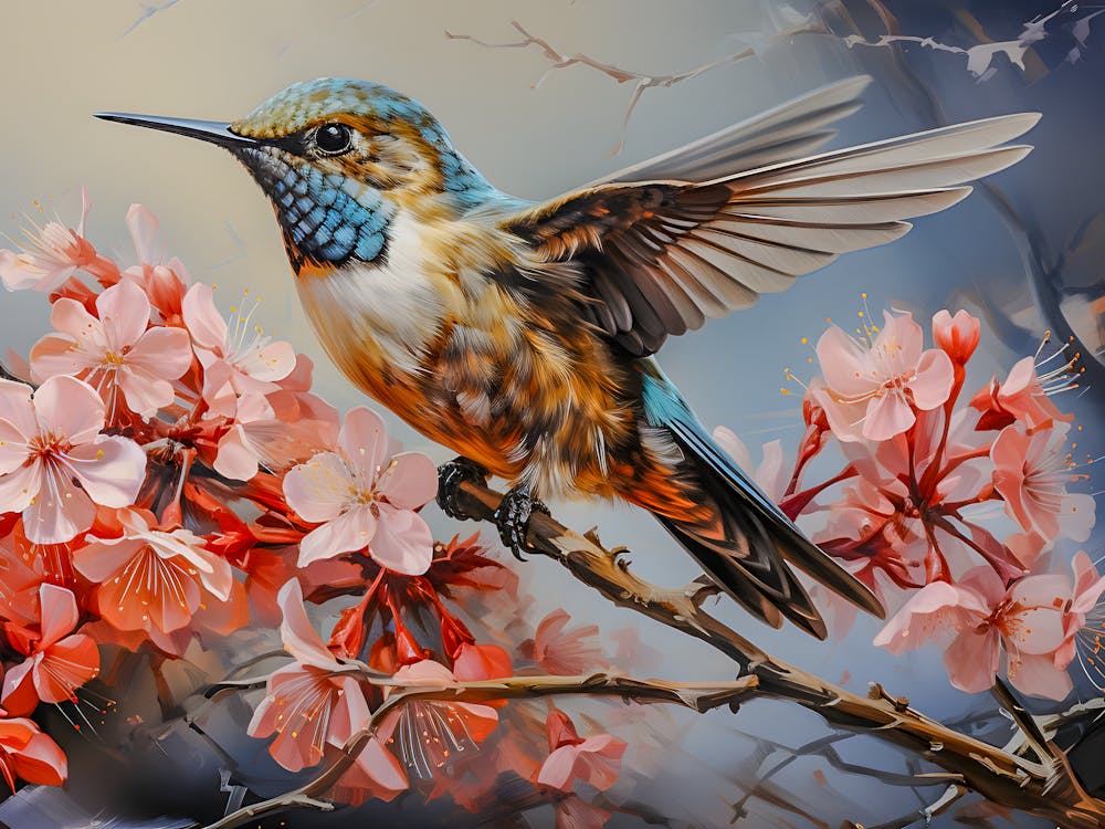 Vibrant Hummingbird and Cherry Blossom Art
