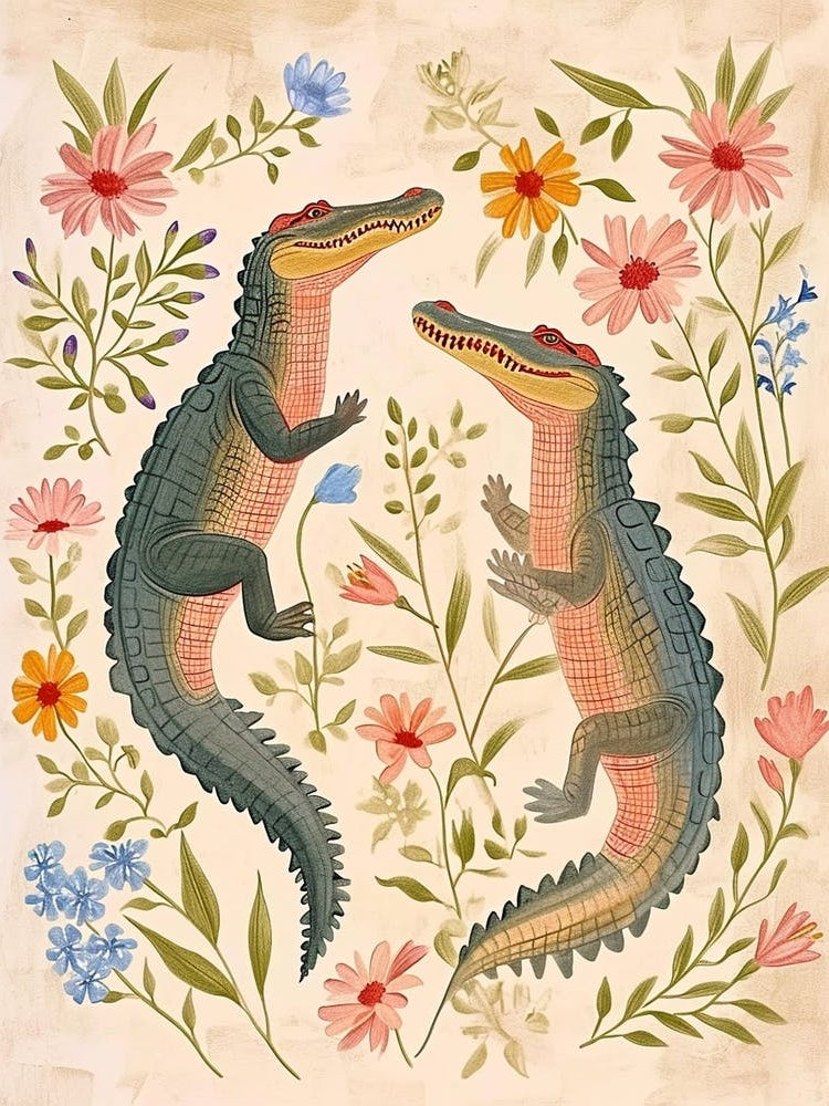 Folksy Floral Animal Drawing Crocodile 2