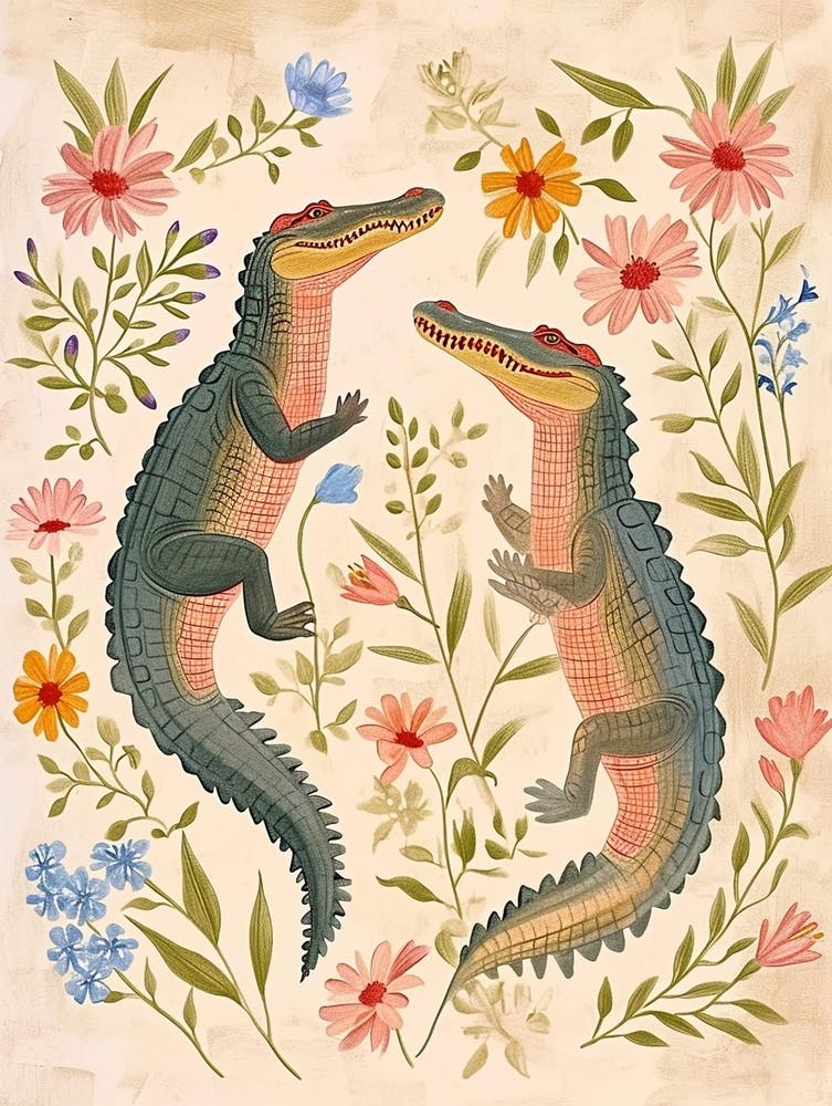 Folksy Floral Animal Drawing Crocodile 2
