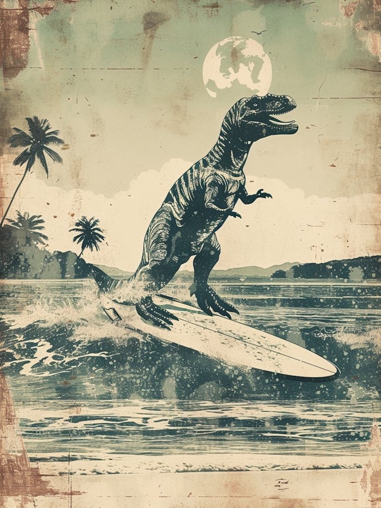Vintage Icthyosaurus Dinosaur On A Surf Board 1
