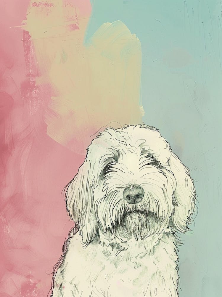 Old English Sheepdog Pastel Line Watercolour Illustration  4