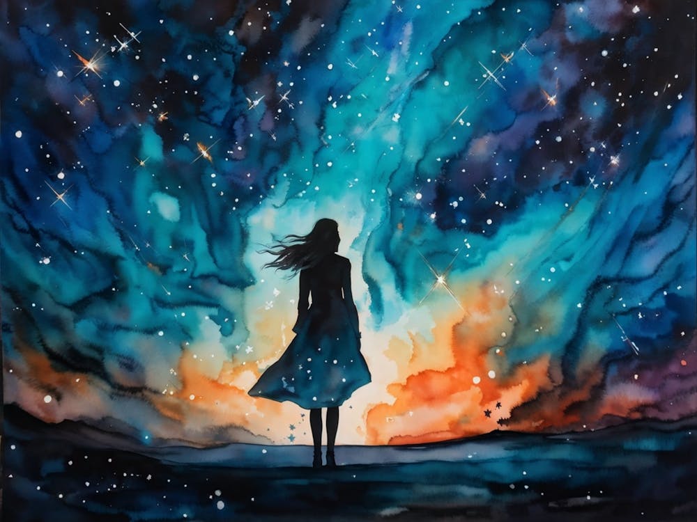 Watercolor Of A Woman Silhouette Infused With The Cosmos Standing Before The Vastness Of The Unive