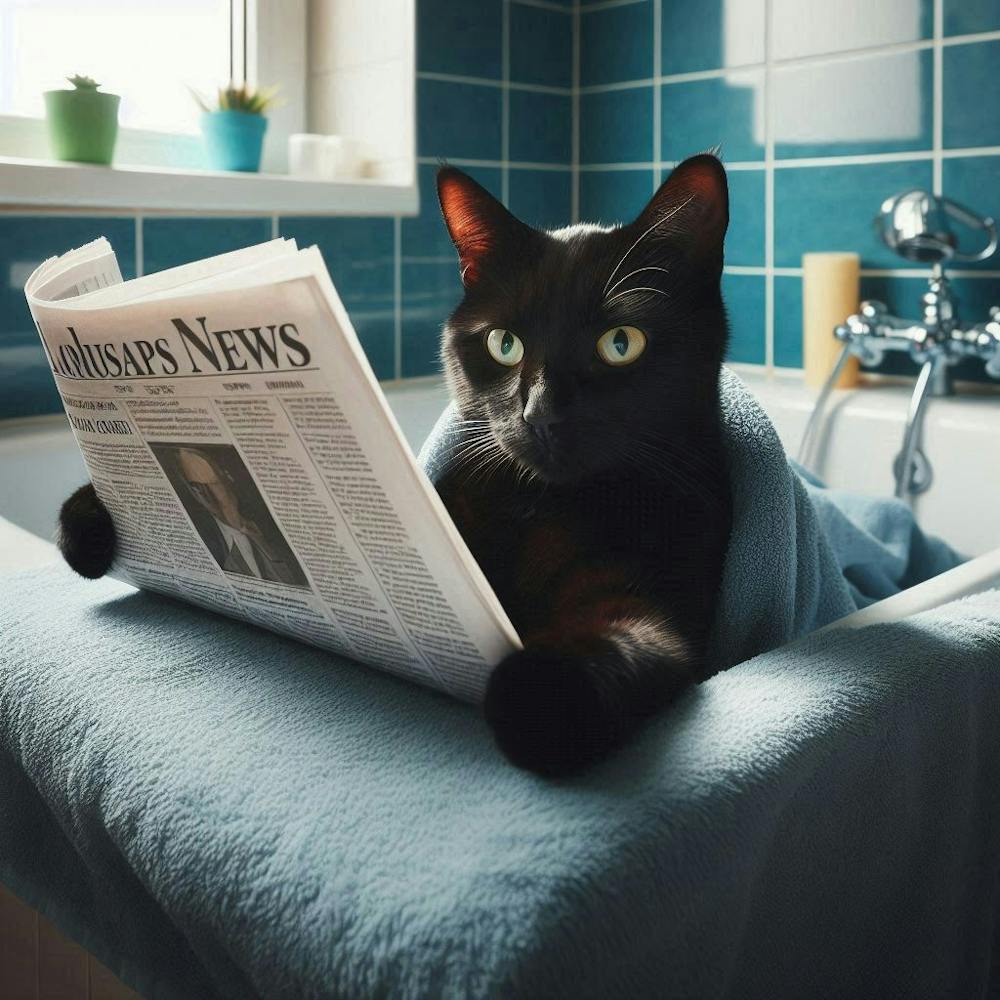 Chat lisant le journal dans le bain