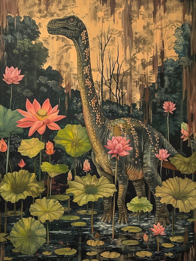 Dinosaur With Lotus Flowers Painting 2