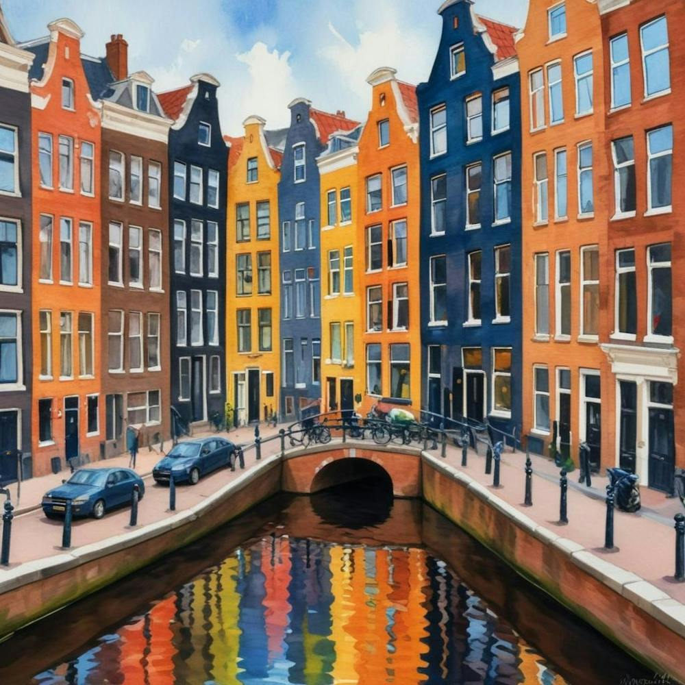 Canal Belt Amsterdam Neighborhood, Watercolor 1