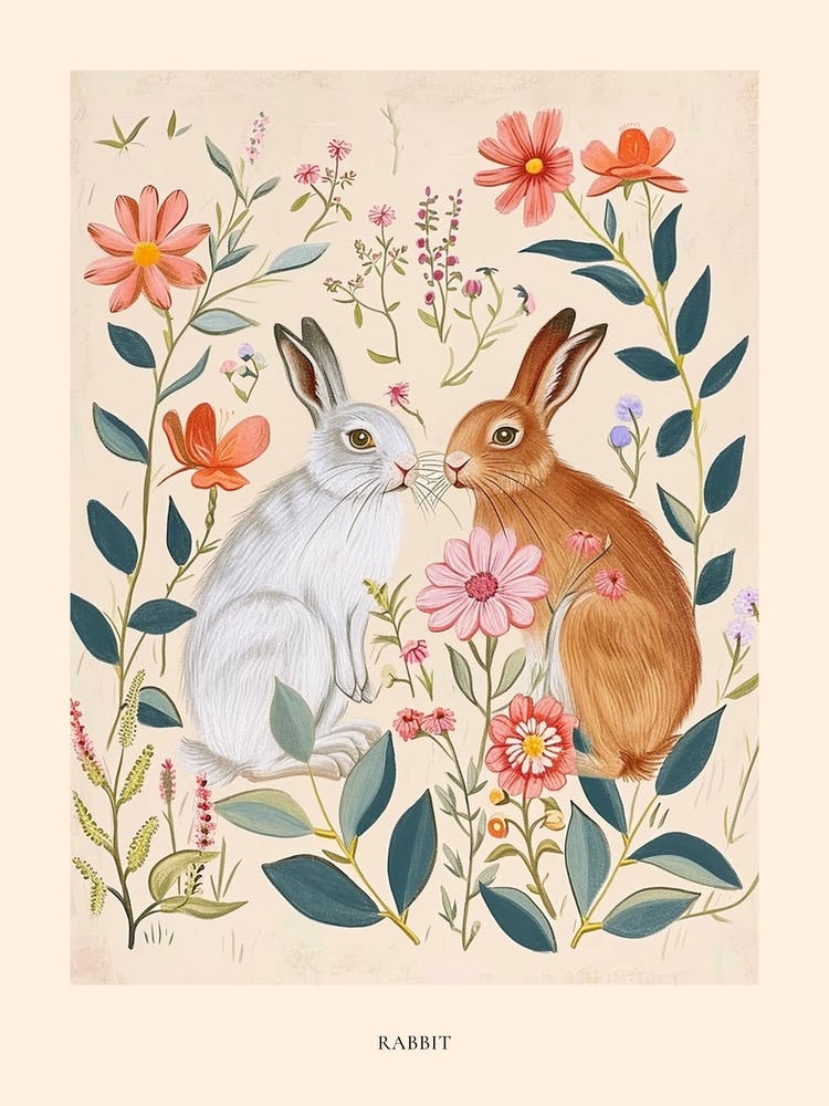 Dessin Animalier Folklorique Floral - Lapin 4 - Affiche