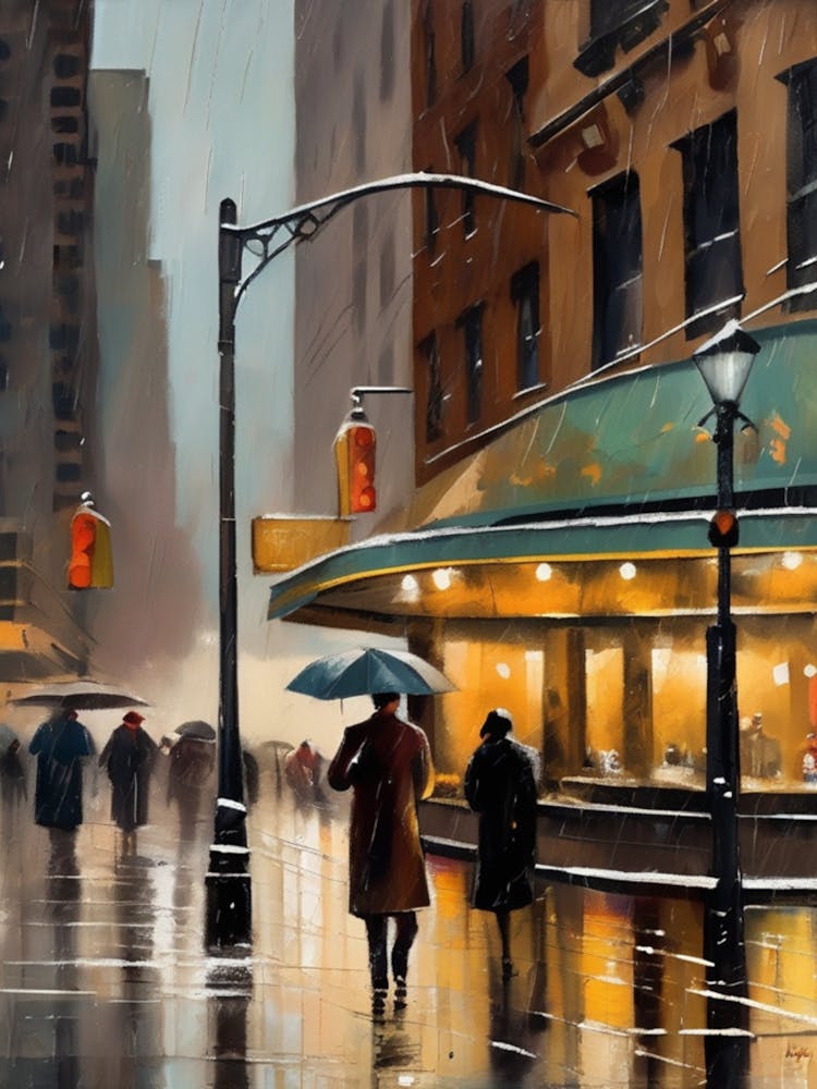 New York City, pluie, cafés urbains, passants, hiver, couleurs à l'huile vintage.4