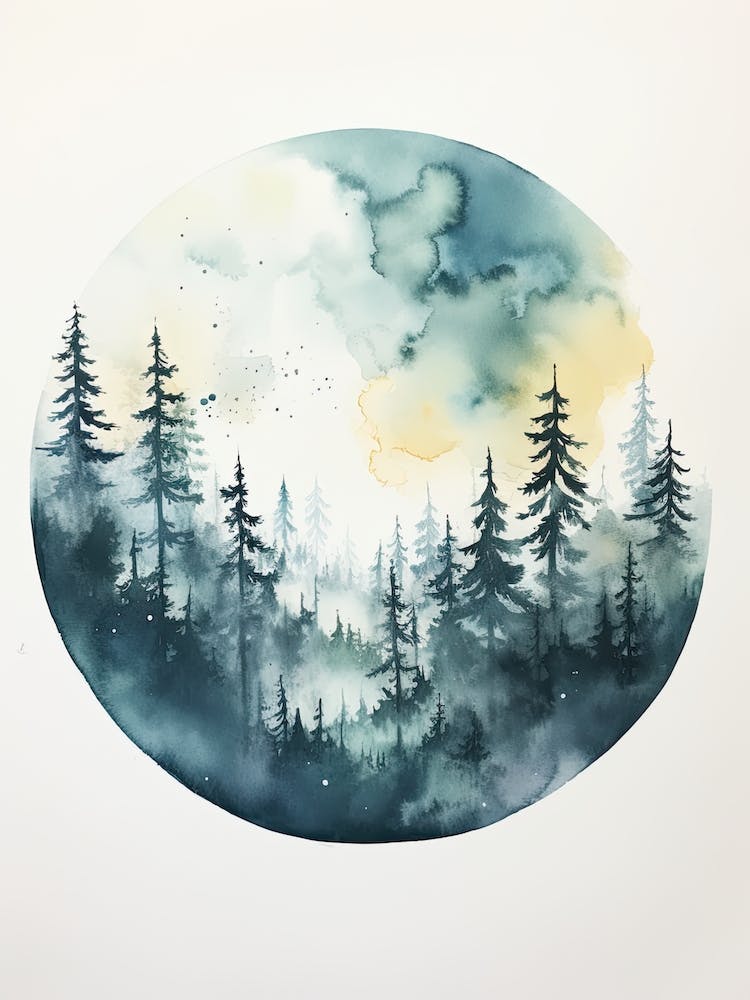 Watercolour Painting Of Boreal Forest   Northern Hemisphere 6