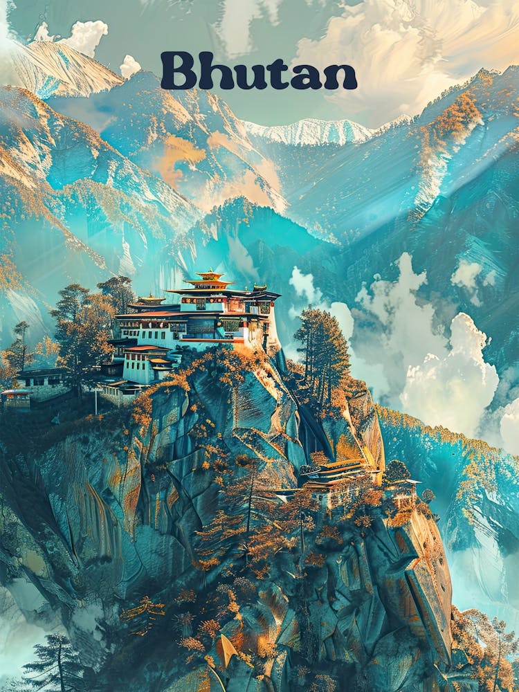 Bhutan Dzong Travel Art