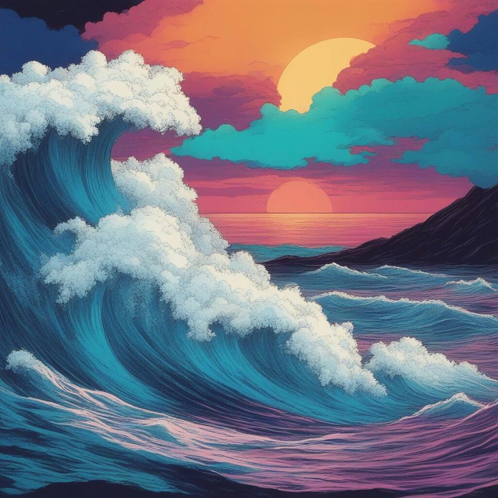 Hawaiian Sunset, big waves