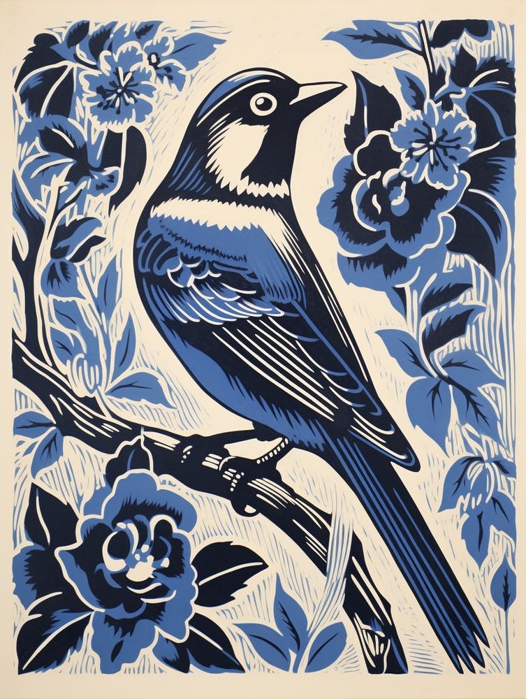 Vintage Bird Linocut Blue Jay 1