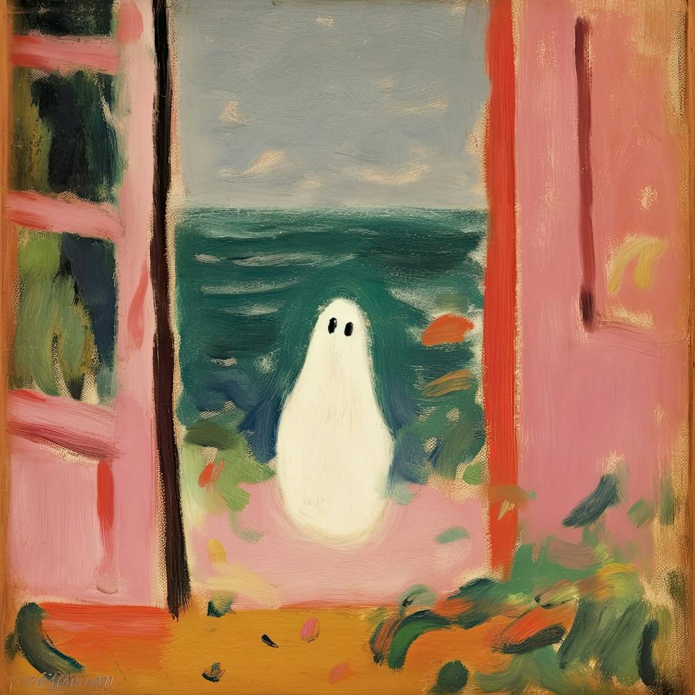 Open Window With A Ghost, Matisse Style, Spooky Halloween Square 4
