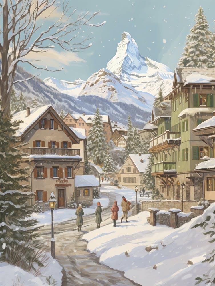 Vintage Winter Illustration Zermatt Switzerland 4