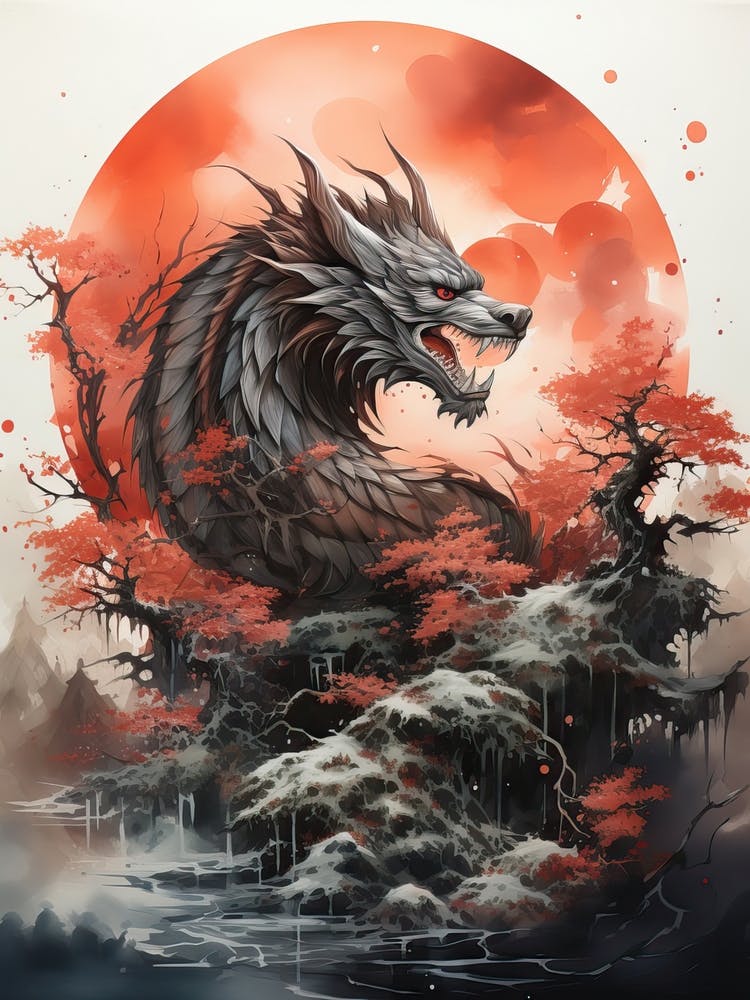 Dragon, Japanese Brush Painting, Ukiyo E, Minimal 3