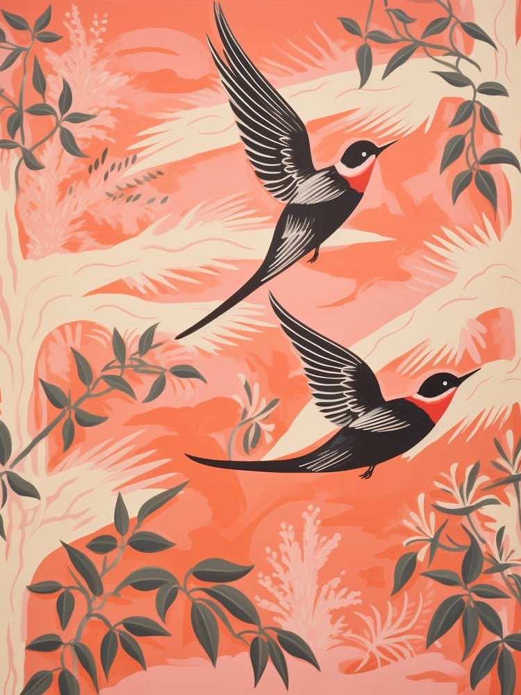 Vintage Japanese Inspired Bird Print Chimney Swift