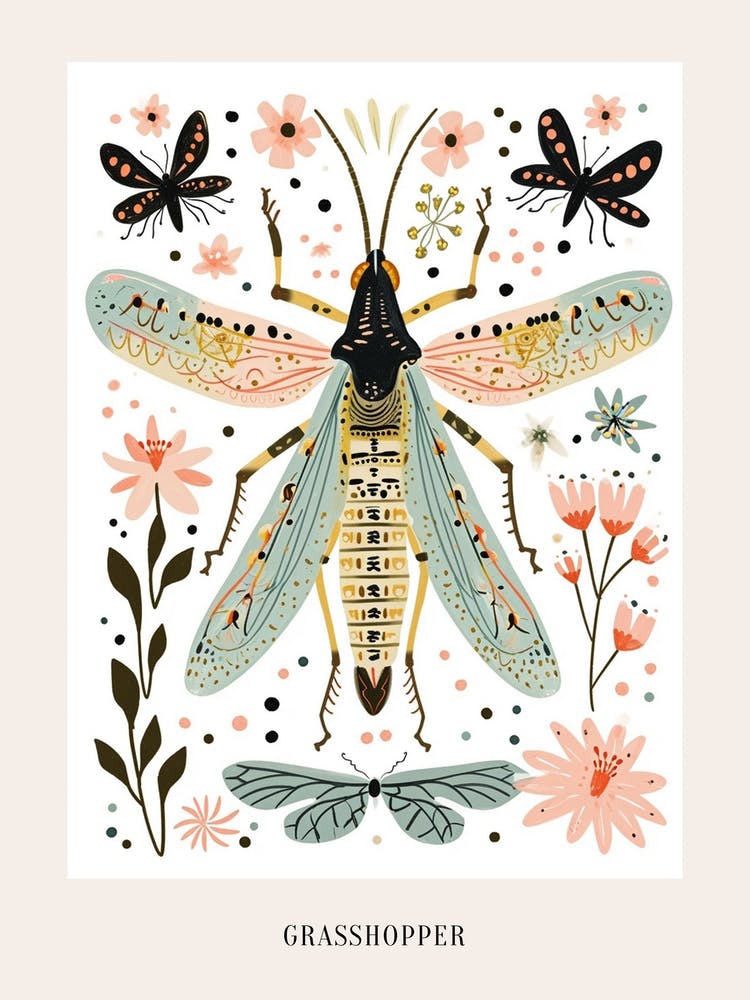 Farbenfrohe Insektenillustration Heuschrecke 9 Poster