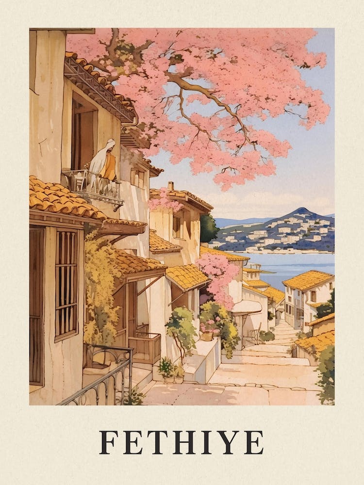 Fethiye Turkey 1 Vintage Pink Travel Illustration Poster
