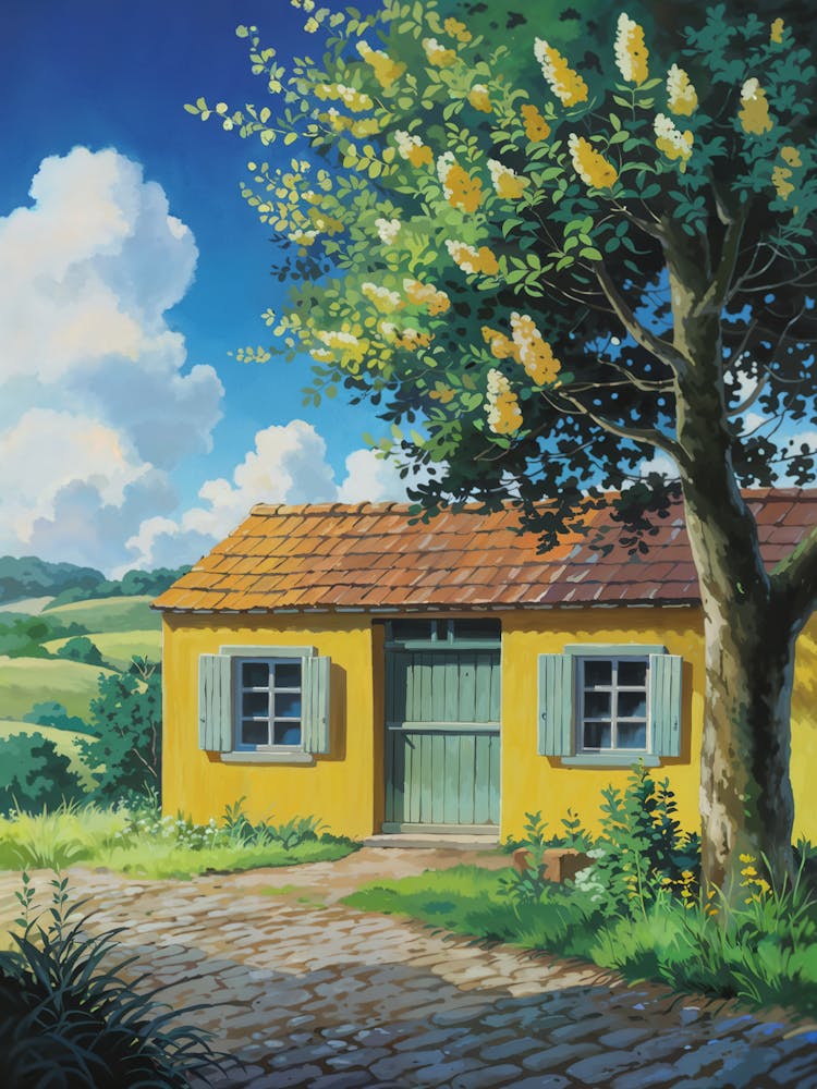 Anime Canvas Art: Cozy Yellow House with Flowering Tree, Orange Branches, and Blue Sky, Perfect for Lofi Aesthetic and Tranquil Nature Lovers. 1