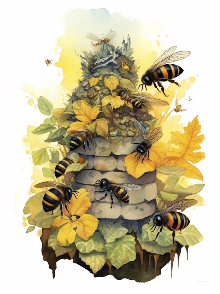 Ashy Cuckoo Bee Beehive Watercolour Illustration 4
